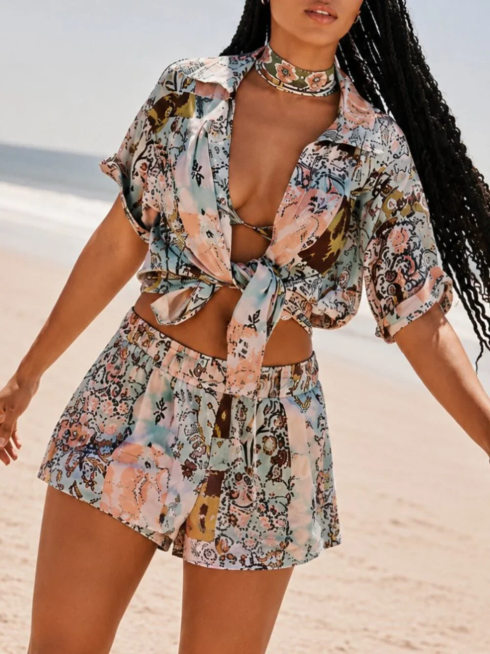 Free People 3 Piece Patchwork Linen Blend Set S Boho Kimono Shorts Bralette Fest